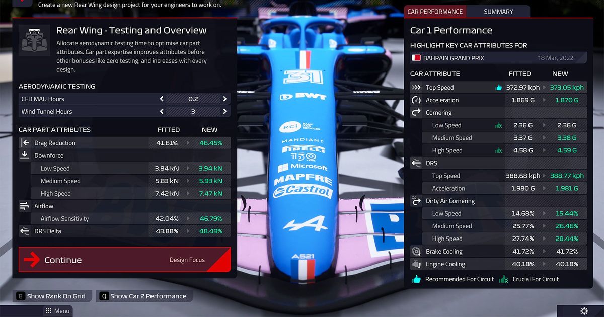 Car configuration in F1 Manager 2022
